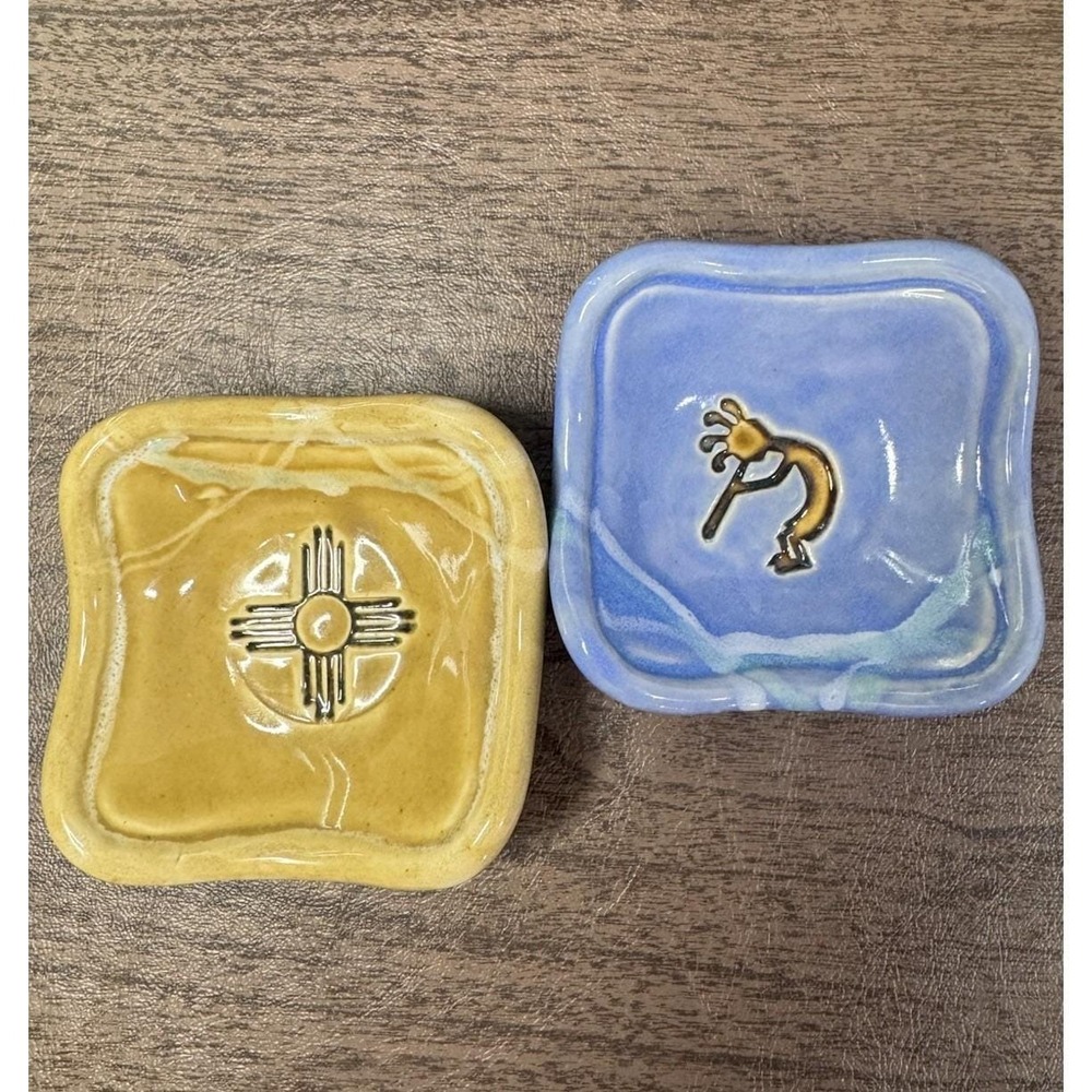 VTG Pretty Pottery Albuquerque NM Trinket Pair Zia Sun/Kokopelli USA Stamped PP - Picture 13 of 15